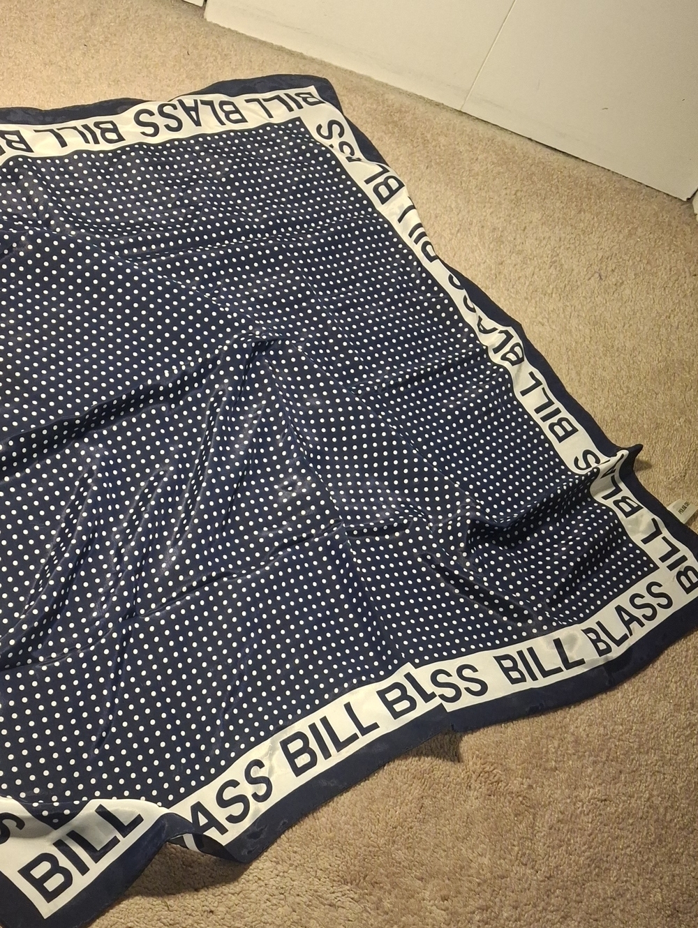 bill blass Navy and White Polka Dot Maxi Skirt with Branded Border